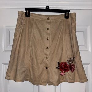Embroidered Suede Button Up Skirt